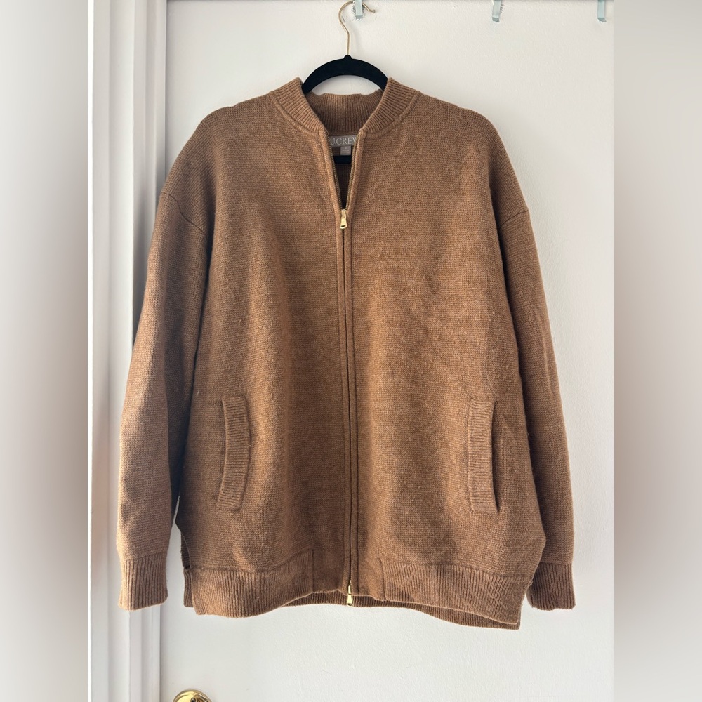 🤎J.Crew Camel Brown Zip Up Knit Sweater Jacket Mock Neck Pocket